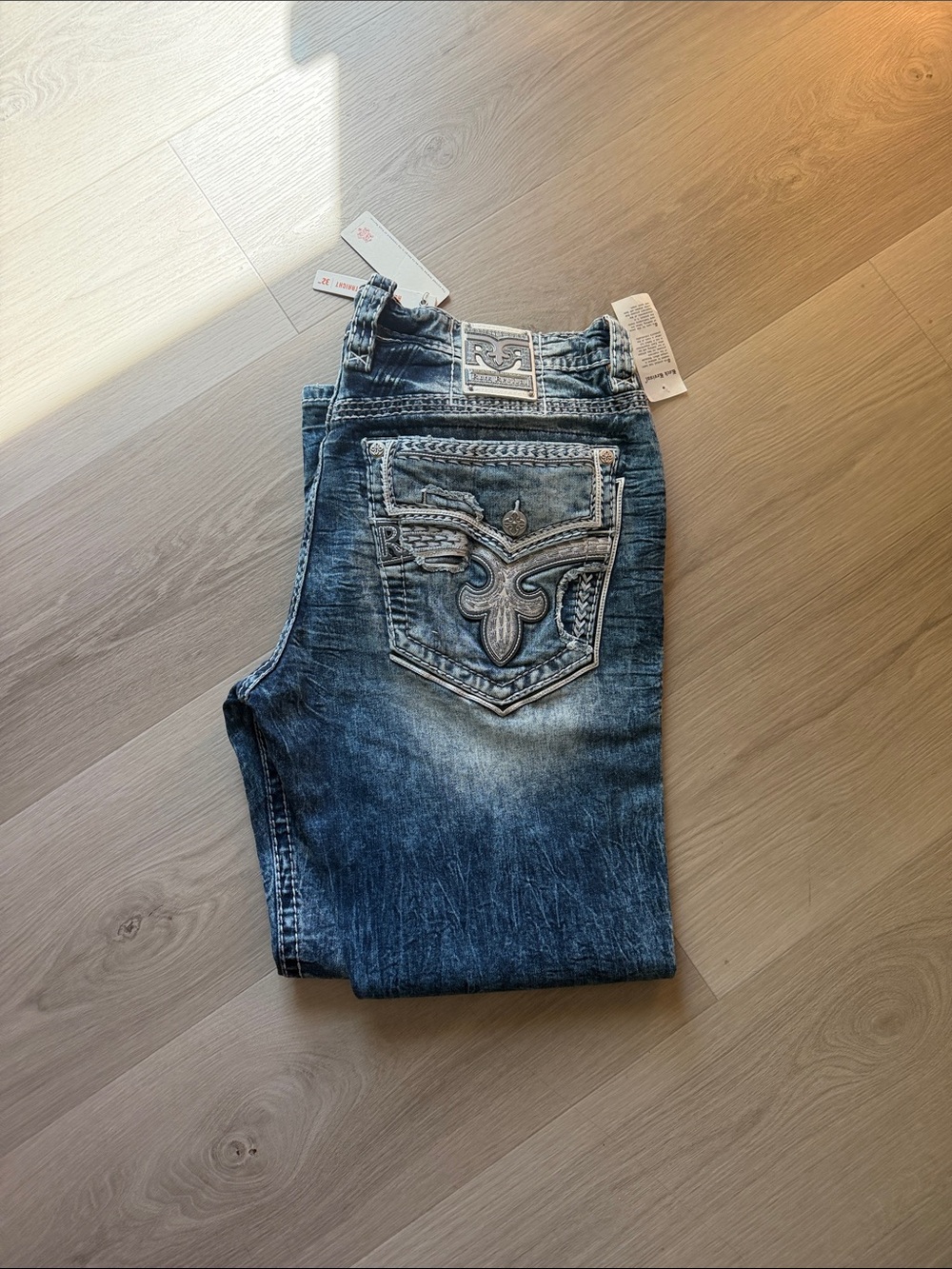 Rock Revival Men’s Washed Blue Embroidered Pocket Jeans